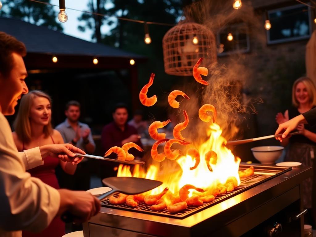 Hibachi chef cooking over grill flames at a backyard party